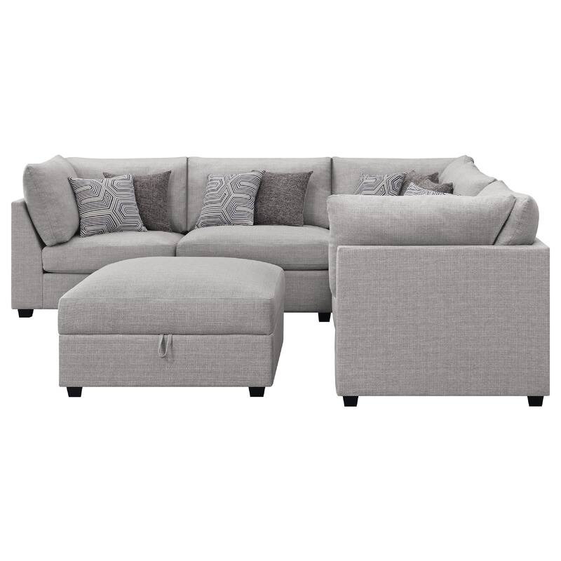 Cambia 6 Piece Modular L Shaped Sectional Sofa w Ottoman, Gray, 10 Pillows