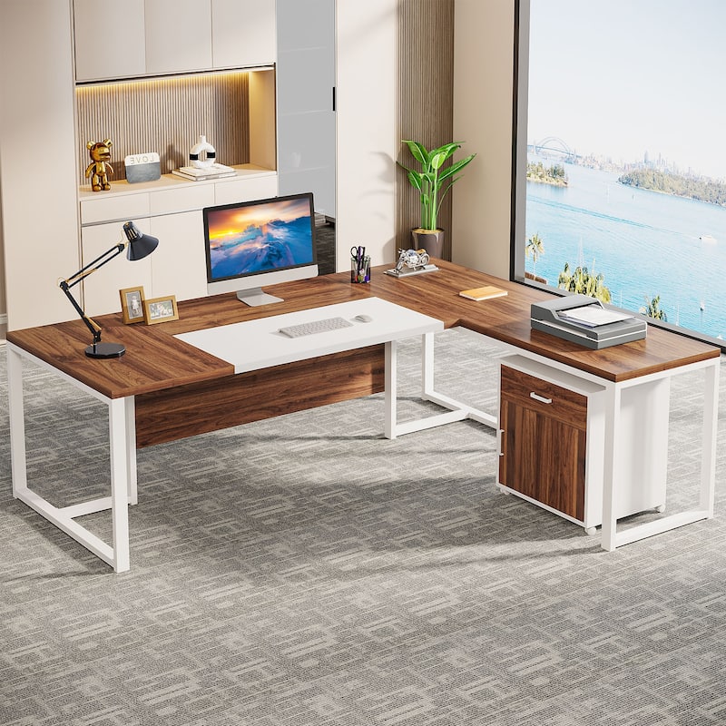 70.8 Inch Executive Desk with File Cabinet Large L Shaped Office Executive Desk Computer Desk