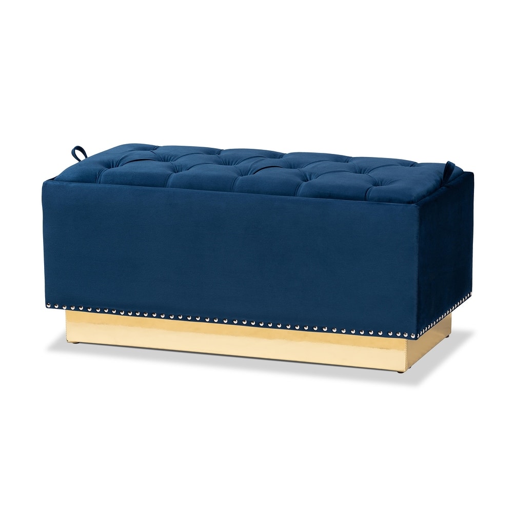 Powell Glam and Luxe Velvet Fabric and Gold PU Leather Storage Ottoman