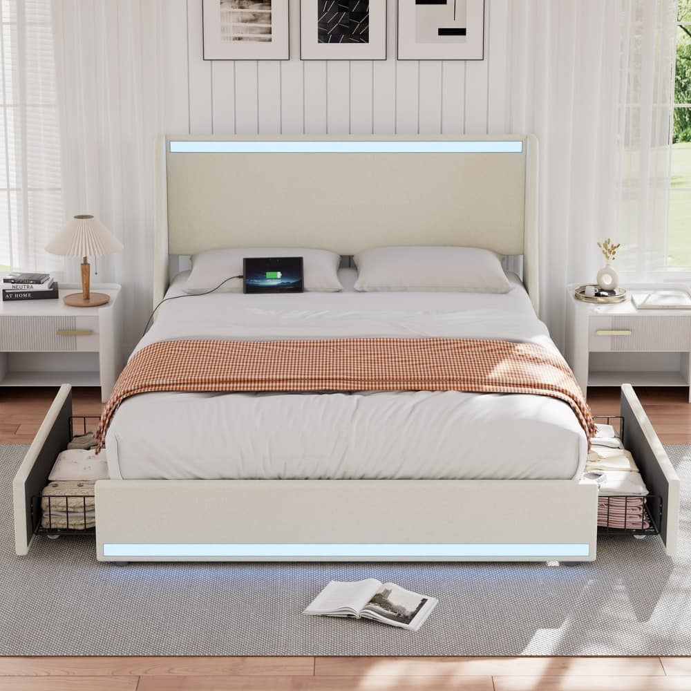 Javlergo Bed Frame with LED Lights and Charging Station Linen Fabric Bed with Drawers Wooden Slats