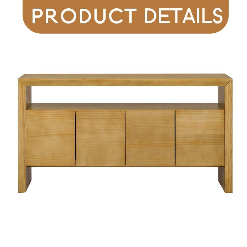 60" 4-Door Sideboard, Modern Minimalist Solid Wood Veneer Sideboard with Open Shelf, Natural Wood Grain