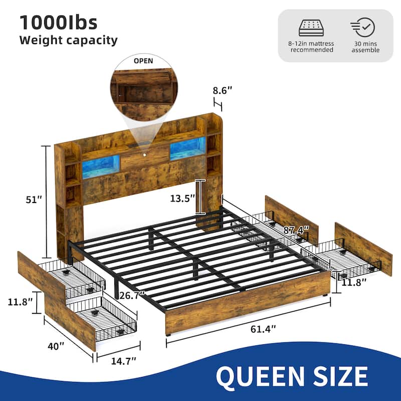 Moasis LED Bed Frame with Bookcase Headboard, 4 Storage Drawers and Type-C USB Charging Station