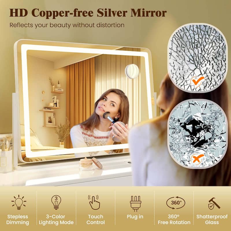 Lighted Vanity Makeup Mirror Shatterproof LED Mirror w/ Touch Control - White