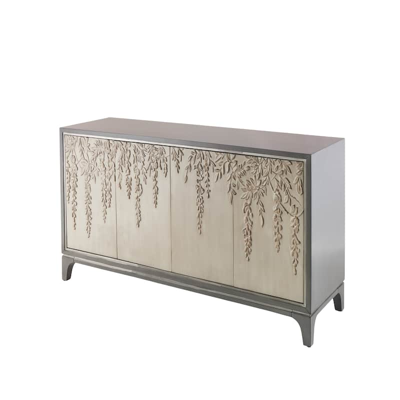 Wooden Floral Relief 4 Door Sideboard with Cream Front Doors and Cascading Leaf Design - Gray - Roche River Decor