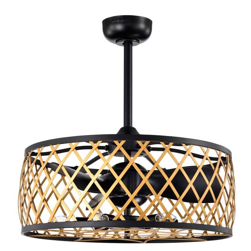 Annas 25 Inch Matte Black and Gold cage Finish Ceiling Lighted Fandelire with Remote
