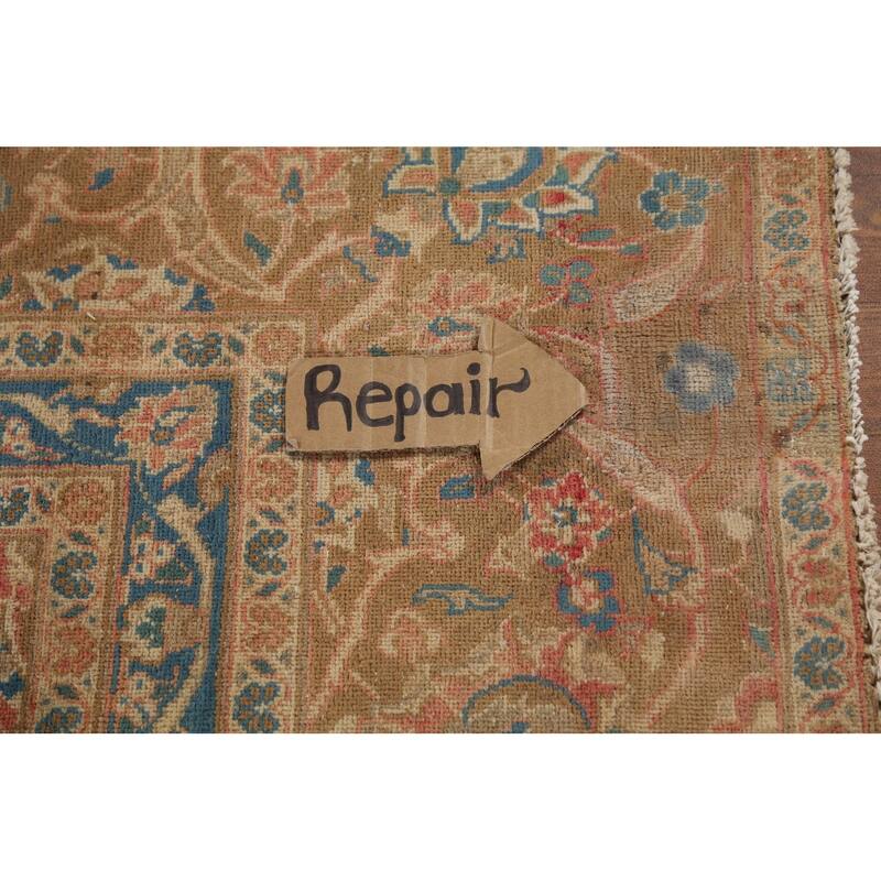 Distressed Mashad Persian Vintage Rug Hand-Knotted Floral Wool Carpet - 8'10"x 13'10"