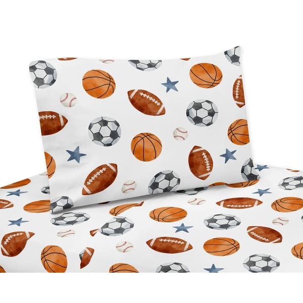 slide 2 of 5, Sweet Jojo Designs Sports Theme Boy 3p Twin Sheet Set Watercolor Vintage Soccer Balls Football Baseball Basketball Blue Stars