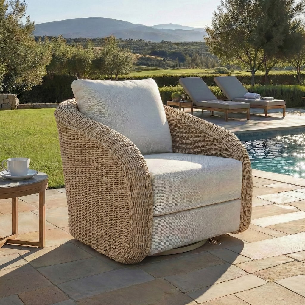 SAFAVIEH Couture Outdoor Patio Furniture Jilina Swivel Accent Chair, Aluminum Outdoor Seating with Cushions - 32"W x 33"D x 34"H