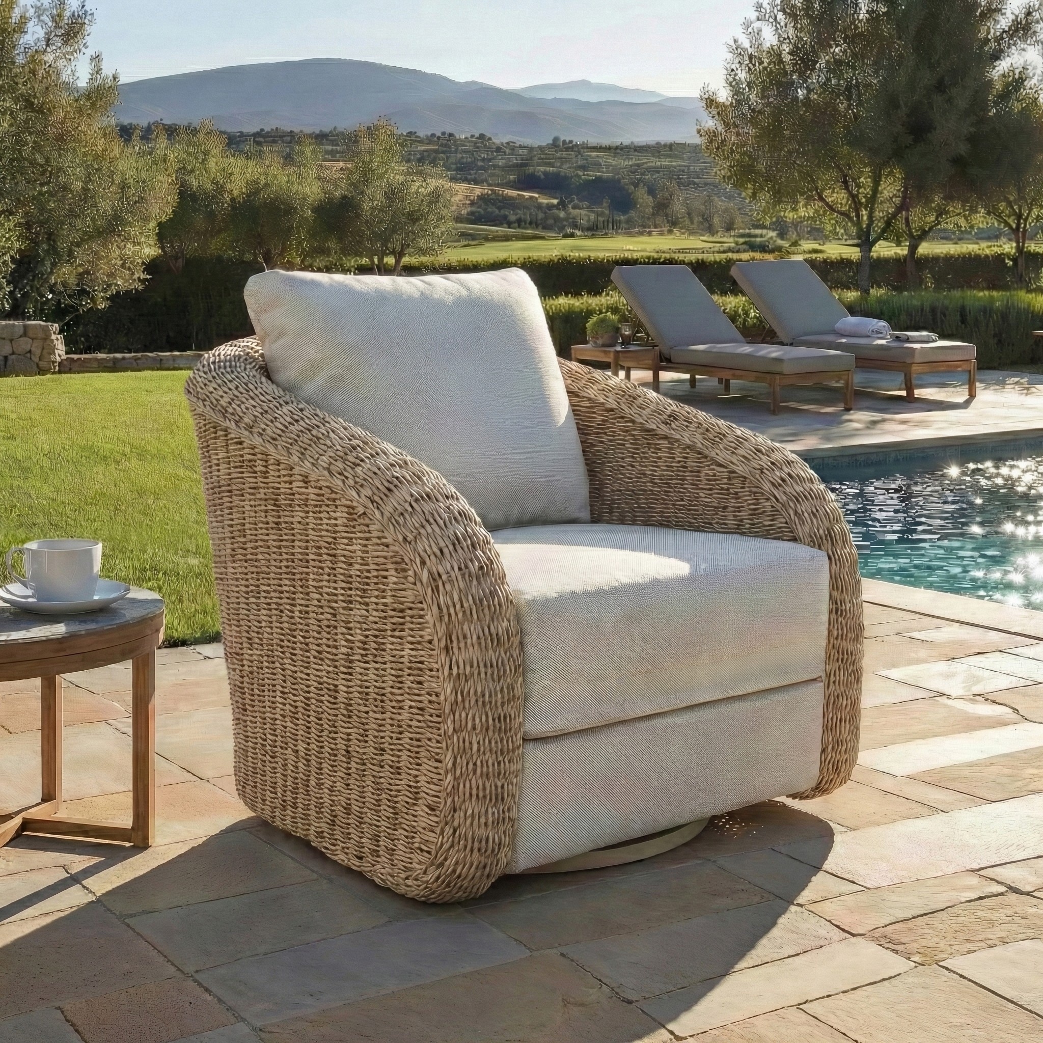 SAFAVIEH Couture Outdoor Patio Furniture Jilina Swivel Accent Chair, Aluminum Outdoor Seating with Cushions - 32"W x 33"D x 34"H