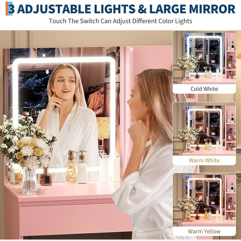 4 Drawers Vanity Desk with Power Outlet, Stool, Mirror and LED Light