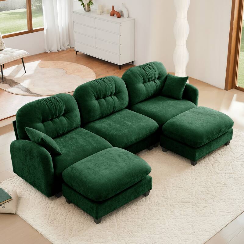 Modular Chenille Tufted Sofas Fits Bedroom, Living Rooms - Green(3 Seat+2 Ottoman)