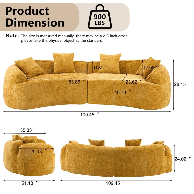 Curved Sectional Sofa with Pillows, Chenille Upholstered 4 Seater Sofa, Full-Compressed Deep Seat Sofa for Living Room