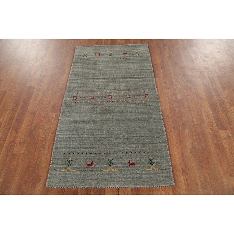Grays & Green Striped Gabbeh Indian Rug Hand-Knotted Wool Carpet - 2'7"x 4'9"
