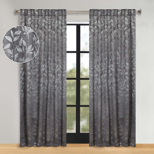 slide 2 of 5, Superior Leaves Machine Washable Room Darkening Blackout Curtains with Back Tabs, Set of 2 52" x 108" - Nickel Black