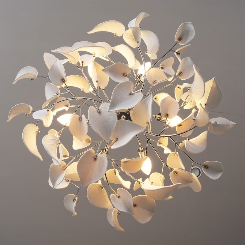 KAYLA 31.5" 6-Light Luxury Gold Round Chandelier, Modern Ceramic Leaf Branch