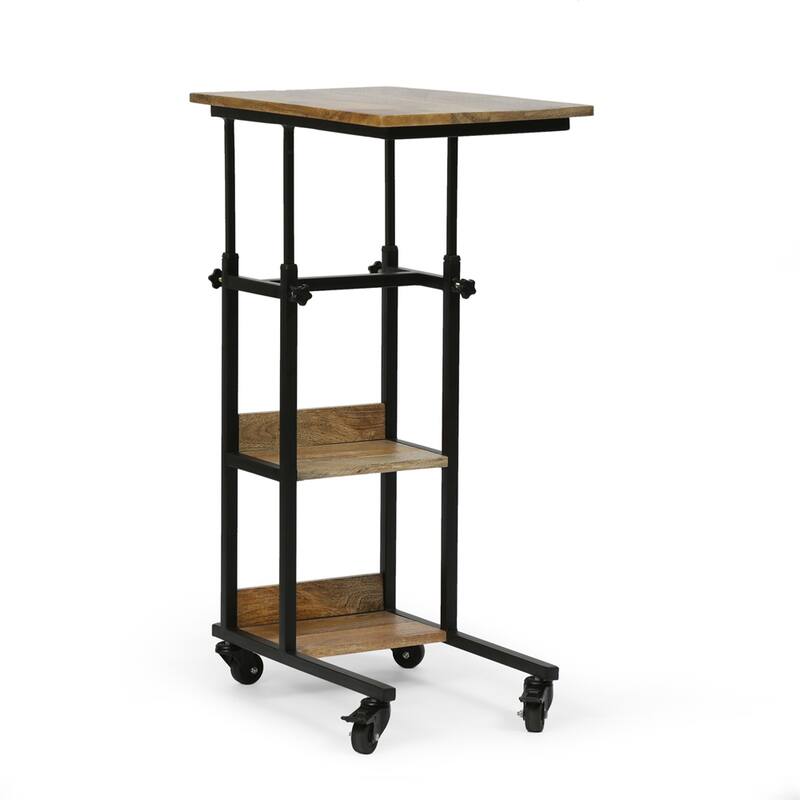 C Shaped End Table with Metal Frame and Wood Top