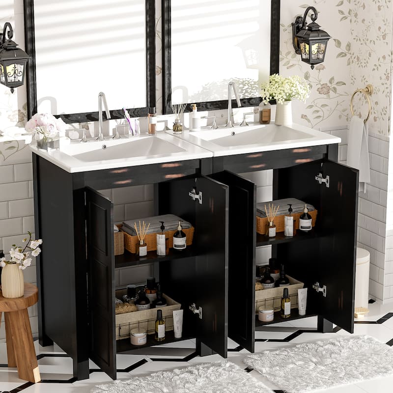 Retro 48" Bathroom Vanity Combo with Double Vanities (separate), Double Ceramic Sinks Bathroom Cabinet, Soft Close Doors - Espresso - 48 Inch