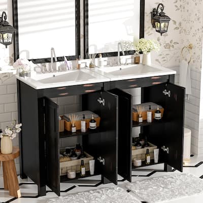 Retro 48" Bathroom Vanity Combo with Double Vanities (separate), Double Ceramic Sinks Bathroom Cabinet, Soft Close Doors