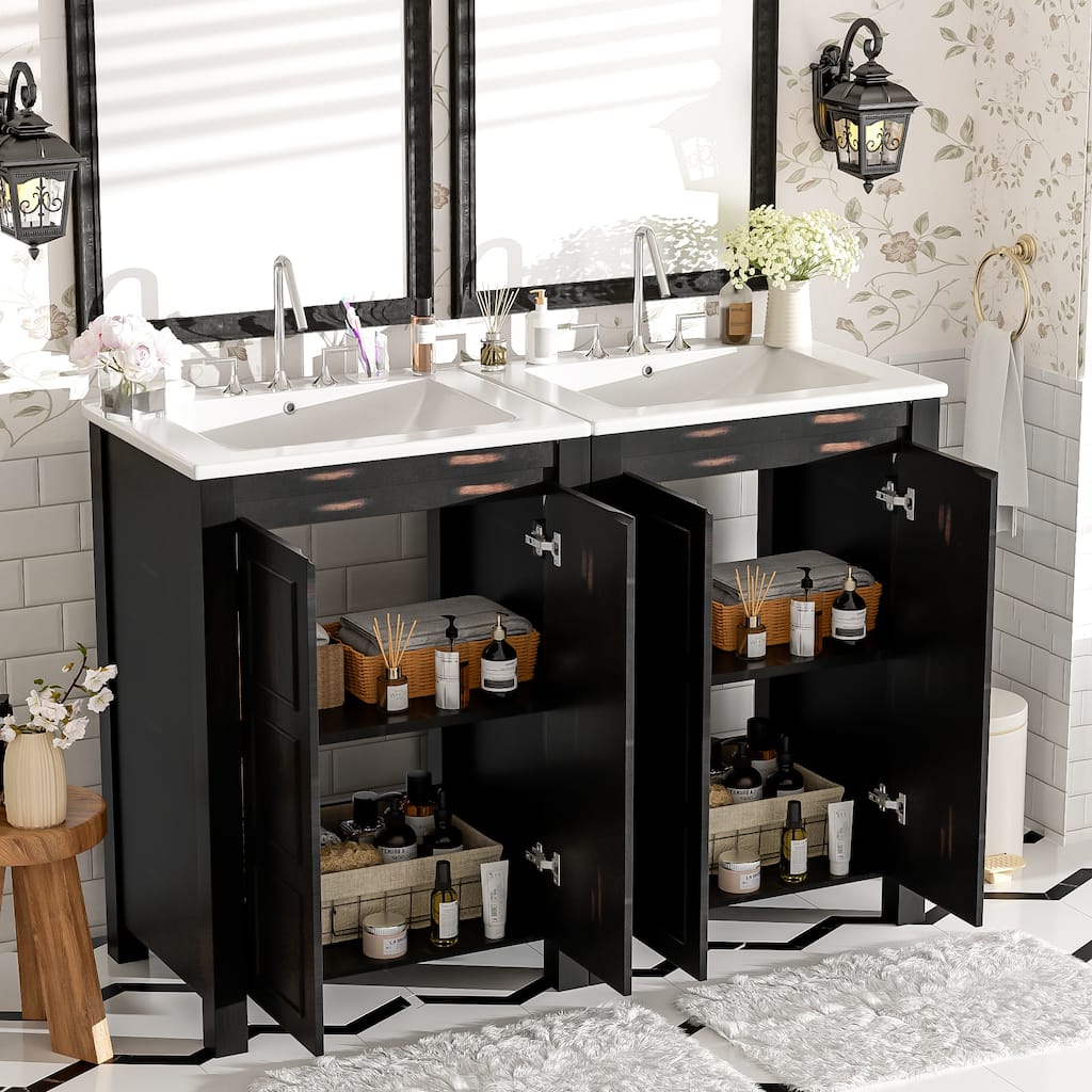 Retro 48" Bathroom Vanity Combo with Double Vanities (separate), Double Ceramic Sinks Bathroom Cabinet, Soft Close Doors