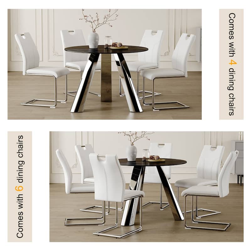 Roomfitters Round Dining Table with 4/6 White Chairs, Stainless Steel Legs, Sintered Stone Black Table Top