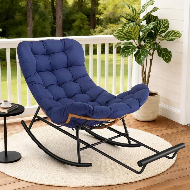 Papasan Rocking Sofa Chair with Extendable Footrest for Porch, Lawn, Bedroom and Living Room - Blue