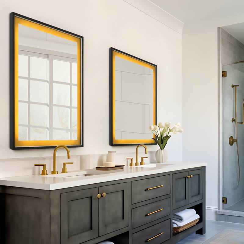 Lunara Modern Matte Black LED Bathroom Mirror with Golden Sand Frame Anti Fog - Black/Gold - L28"xD1"xH36"