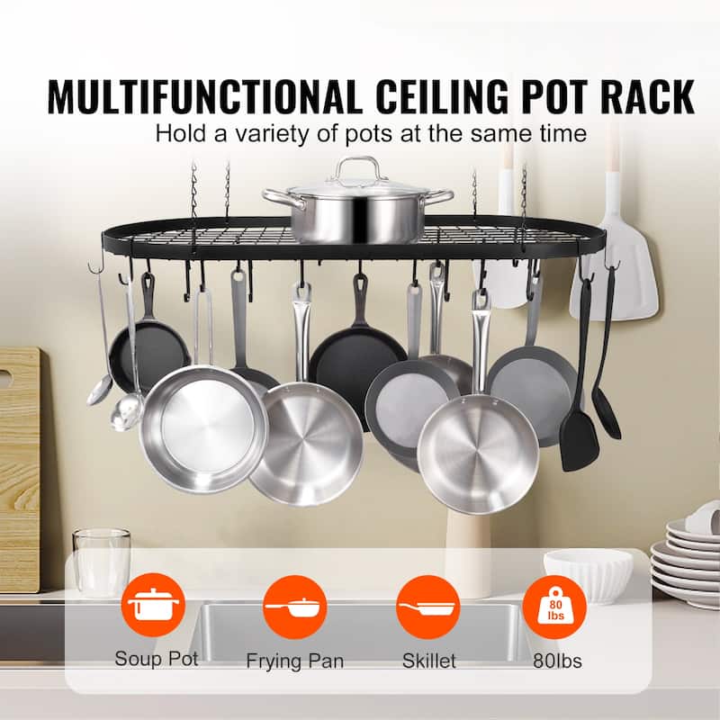 Hanging Pot Rack, Hanging Pot Rack Ceiling Mount, Ceiling Pot Rack with S Hooks, 80 lbs Loading Weight, Ideal for Home