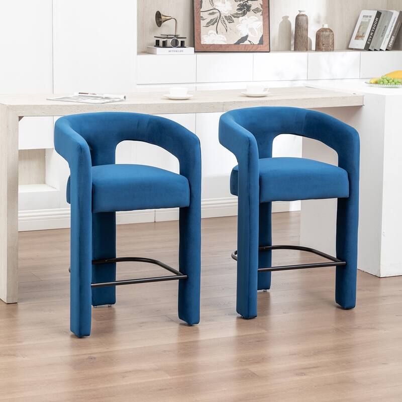SEYNAR Modern Velvet 34.6''H Fixed Height Open-Back Bar Stool with Metal Footrest Set of 2 - Navy