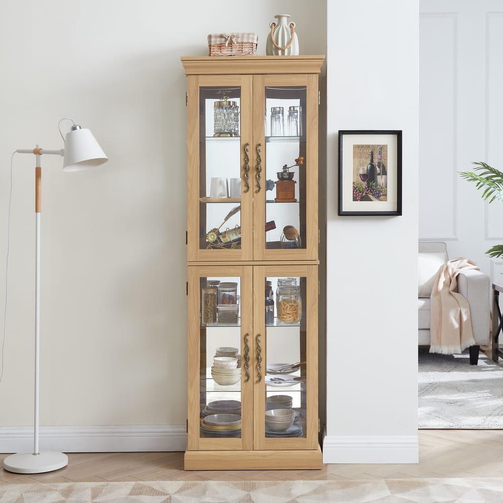 Lighted Curio Display Cabinet, Floor Standing Wooden China Cabinet with Mirrored Back Pane, 4 Glass Doors & Adjustable Shelves