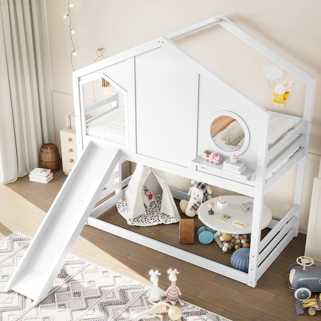 Playful House Bed Kids Twin Over Twin Bunk Bed with Shelf and Slide
