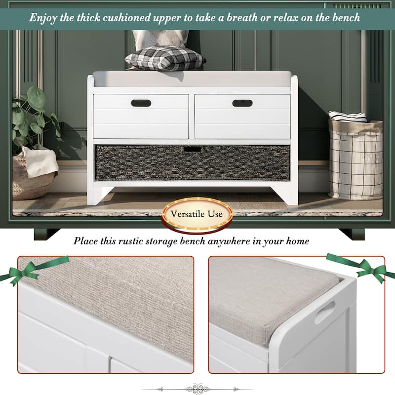 Wood Shoe Storage Bench with 2 Drawers, Large Basket and Removable Seat Cushion for Entryway Hallway Front Door