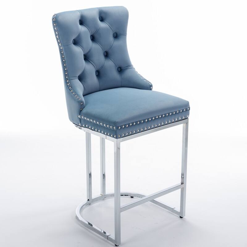 Modern Upholstered Bar Stools with Tufted Backs and Footrest（Set of 2）Blue - Set of 2