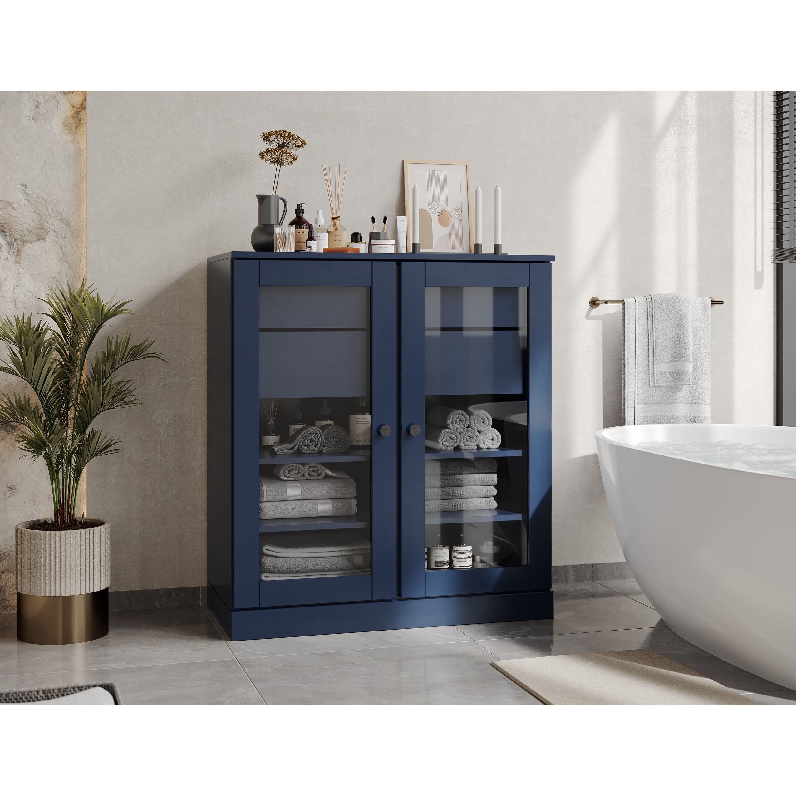 Palace Imports 100% Solid Wood Short Clear Glass Bathroom Storage Cabinet with 2 Drawers, 32" W x 35.75" H