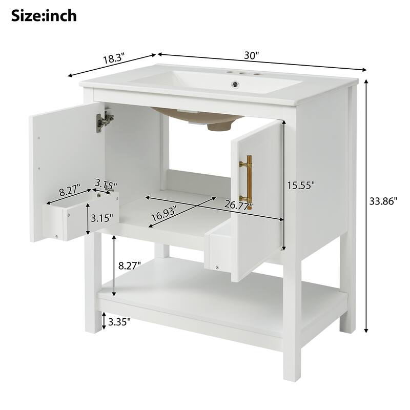 30" Freestanding Bathroom Vanity with Ceramic Sink, Gold Handles, Open Shelf, Soft-Close Doors, Small Space Design