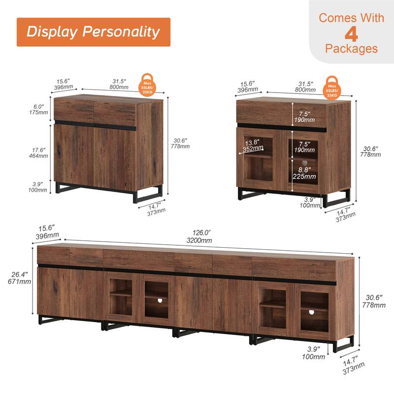 4 in 1 Modern Dresser with Glass Doors & 2 Drawers, featuring an adjustable shelf and metal base for organized storage