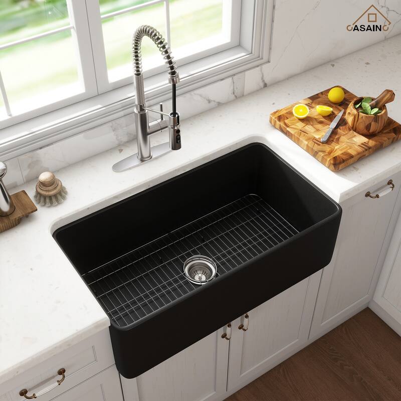Farmhouse/Apron-Front Single Bowl Fireclay Kitchen Sink with 3-Function Pull-Down Kitchen Faucet, Grid, and Basket Strainer