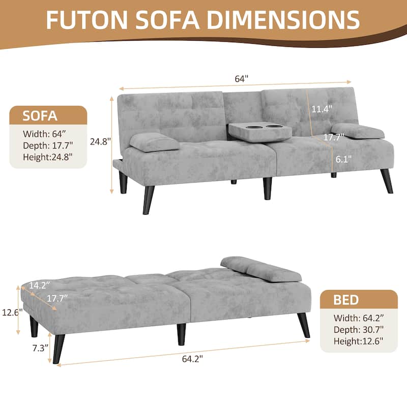 3-in-1 Convertible Sofa Bed with Folding Cup Holders & Adjustable Backrest – Modern Futon with Removable Armrests