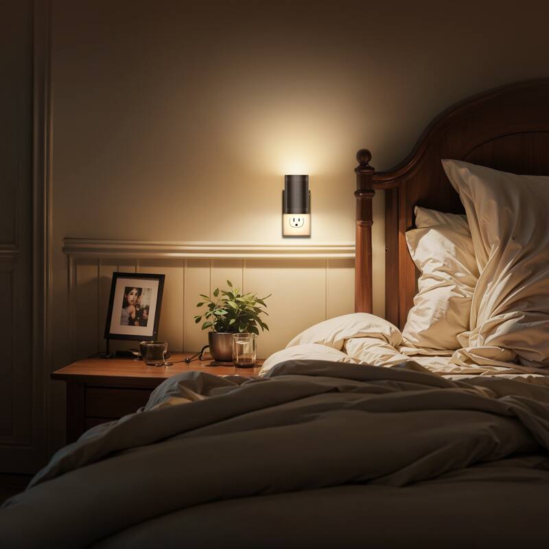 YANSUN Set of 2 Plug-in Dusk-to-Dawn Night Lights, Black Half-Moon Wall Lamps, 3000K Warm Light, Smooth Dimmer