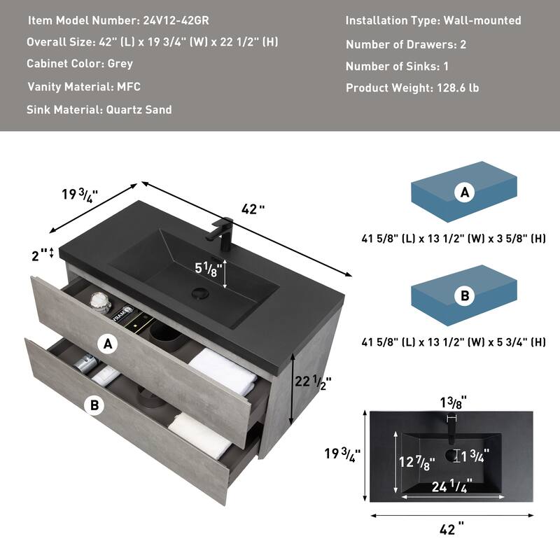 36" Wall-Mounted Floating Vanity with Premium Quartz Sand Basin, Grey Modern Storage Cabinet