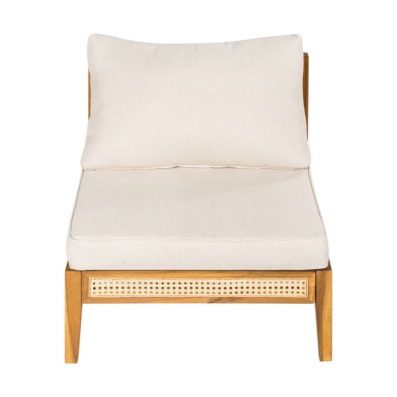 Roomfitters Kirkby Outdoor 5 Seater V-Shaped Acacia Wood Sectional Sofa with Wicker Accents, Teak Finish and Beige Cushions