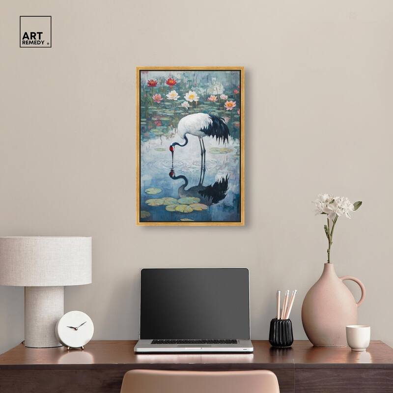 Crane in Lilies Canvas by Art Remedy