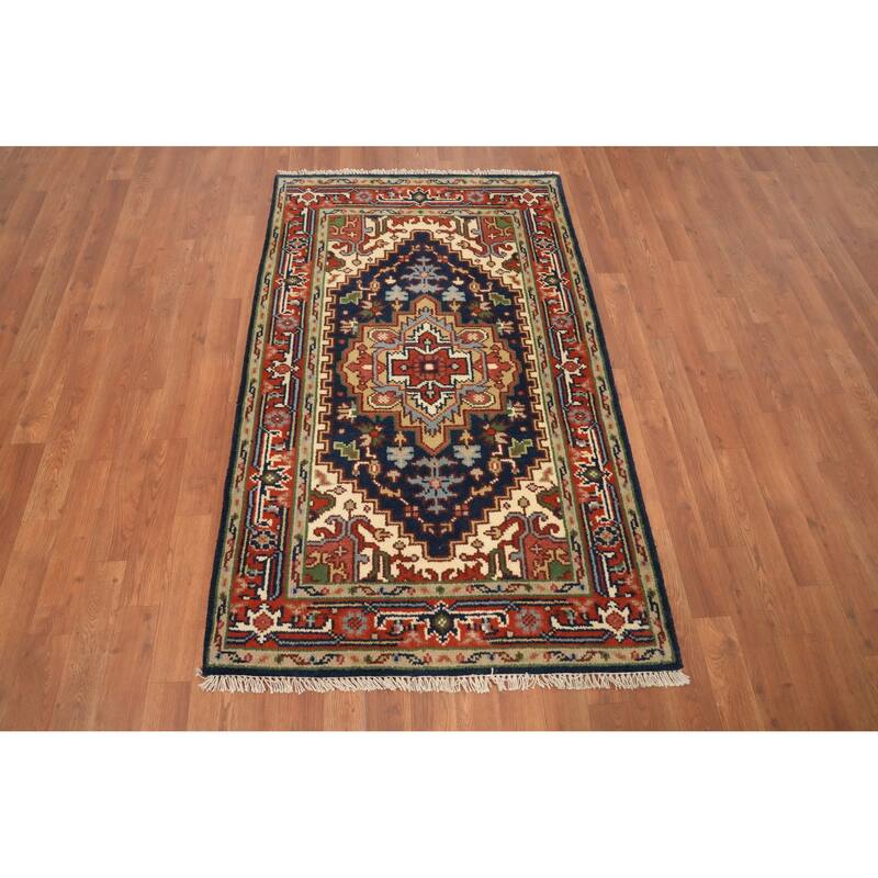 Hand Knotted Oriental 100% Wool Carpet Traditional Medallion Navy Blue & Blues Heriz (serapi) Area Rug - 5' 1'' X 3' 0''