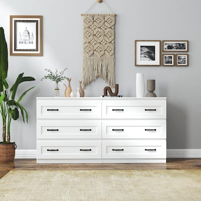 Modern White 6 Drawer Dresser for Bedroom,Wood Chest of Drawers with Metal Handle