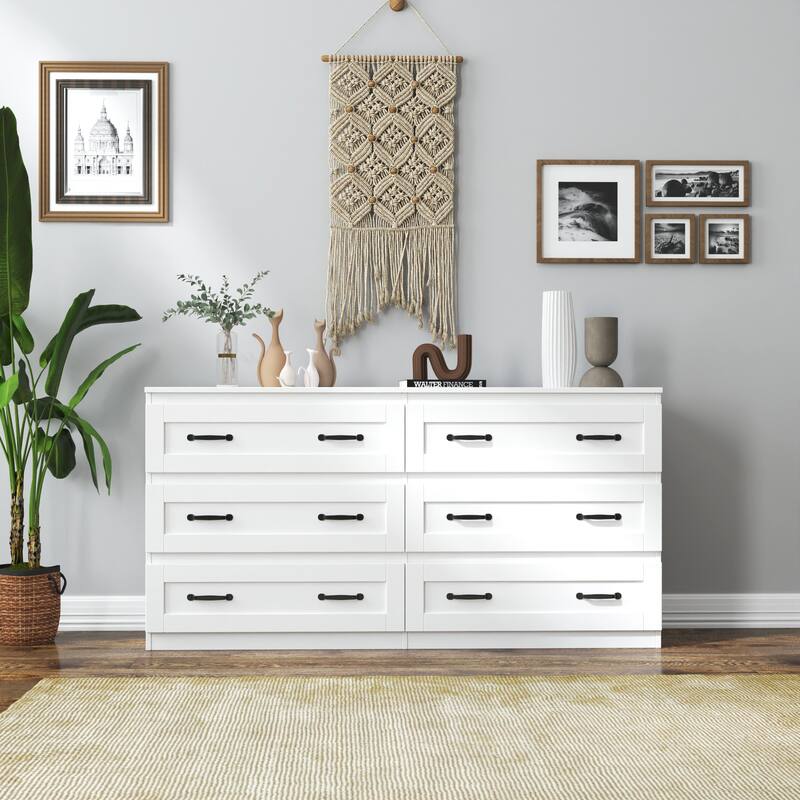 Modern white side cabinet with 6 drawers , Wood Chest of Drawers with Metal Handle, Storage Organizer ，Bedroom or Hallway - White