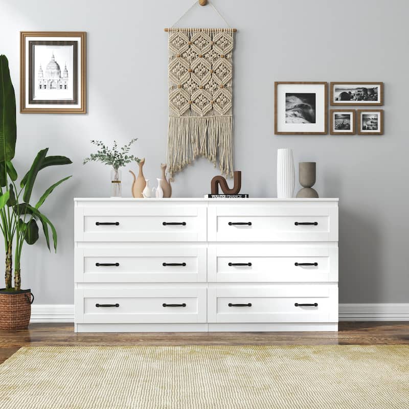 White Modern 6-Drawer Dresser – Wooden Storage Cabinet with Metal Handles, Versatile Organizer for Bedroom, Living Room.