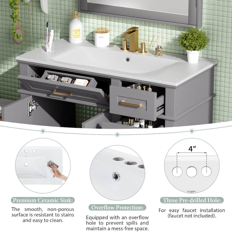 36" Bathroom Vanity for Small Medium Bathrooms, Center Ceramic Sink Bathroom Cabinet with 4 Drawers, Soft Close Doors - 36 Inch