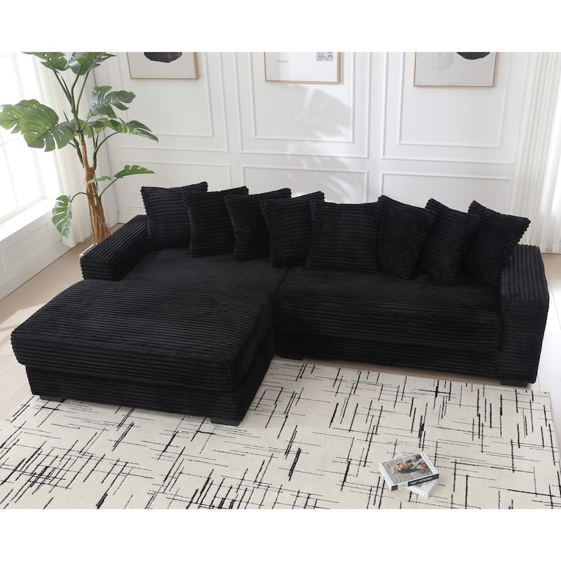 Black 111" Corduroy L-Shaped Sectional Sofa with Oversized Left Chaise