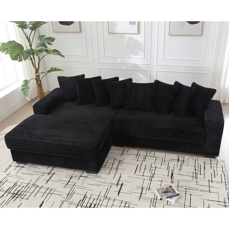 L Shaped Sectional Sleeper Sofa Corduroy Corner Sofa with Chaise Lounge and 8 Throw Pillows, Oversized Modular Daybed
