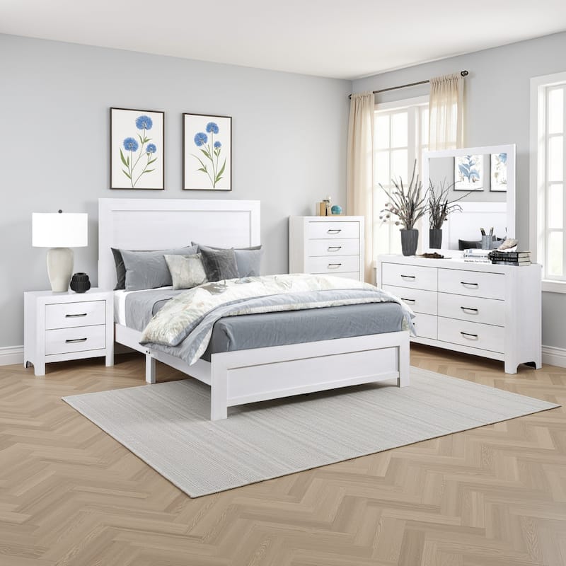 Ko Three Piece Full Size Bedroom Set, Panel Detailings, Black Metal Handles, White