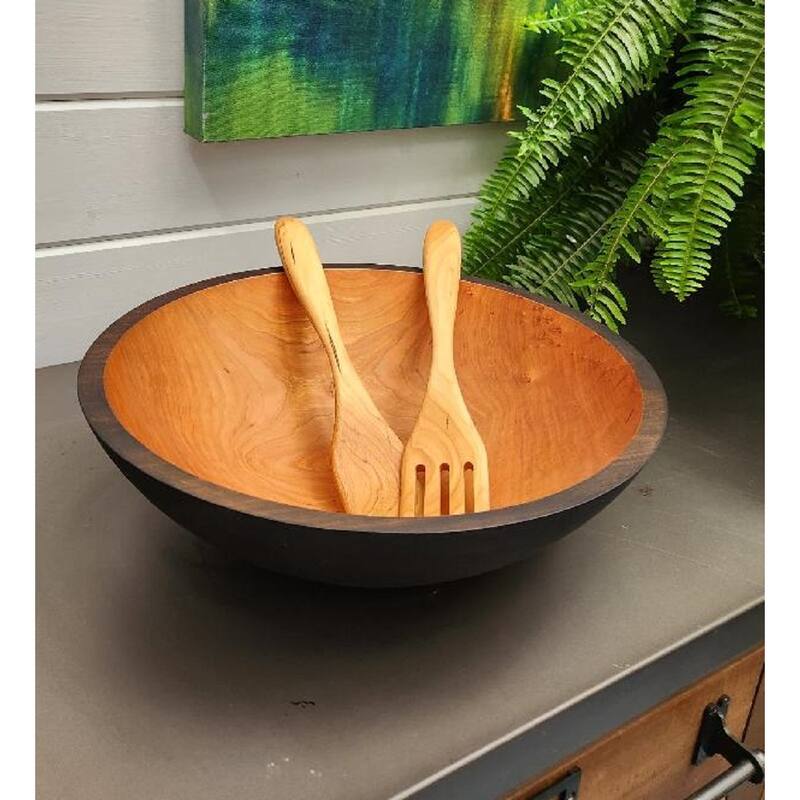 Handmade Ebonized Solid 12 inch Cherry Bowl with Servers - 12"x12"